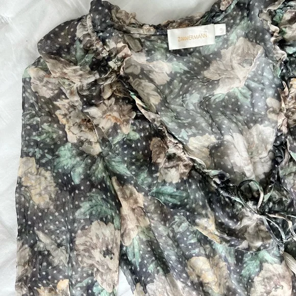 Zimmermann 0 XS Silk Floral Long Sleeve Tiered Ruffle Mini Dress - Picture 8 of 10